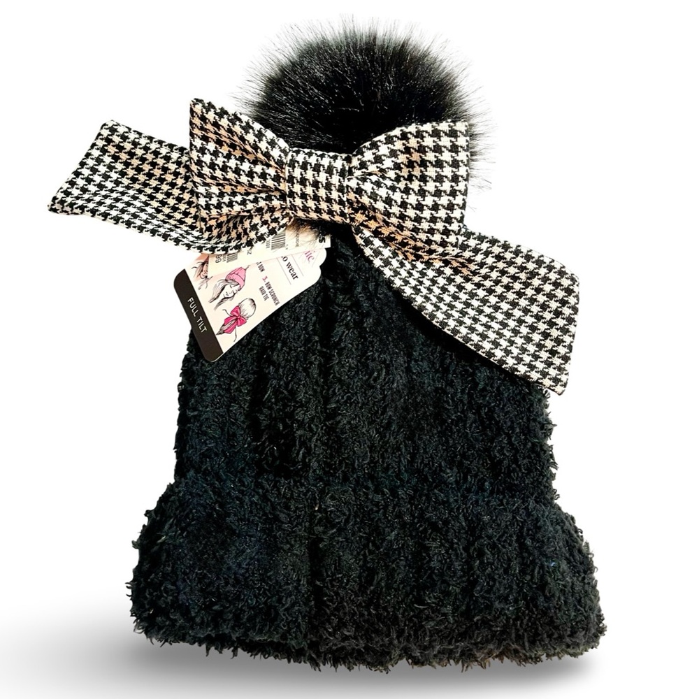 Full Tilt Black Fuzzy Bobble Beanie Removable Houndstooth Scrunchie Bow O/S